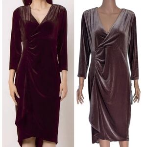 Calvin Klein Velvet wrap Ruched Formal Midi Dress in Cocoa